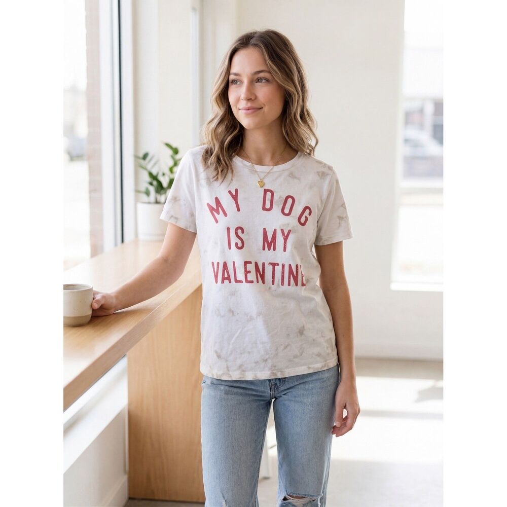 Grayson Threads My Dog Is My Valentine Graphic Tee Tie Dye White Red Small NWT